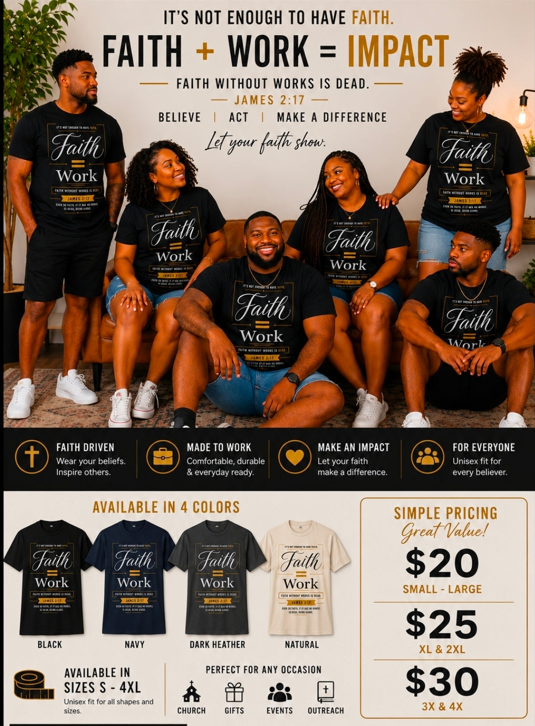 Faith + Work = Impact Christian T-Shirt